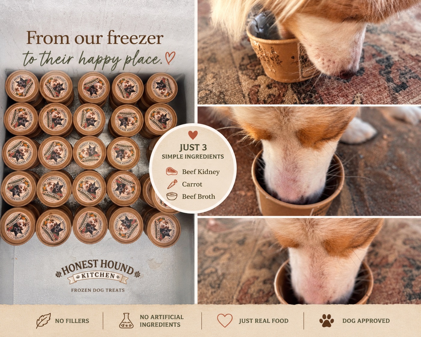 Cups stocked in the freezer and dogs enjoying them — from our freezer to their happy place