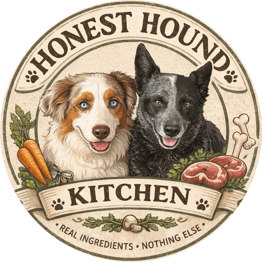 The Honest Hound Kitchen label — founding dogs Lincoln and Rig surrounded by carrots, greens, and beef. Real ingredients, nothing else.