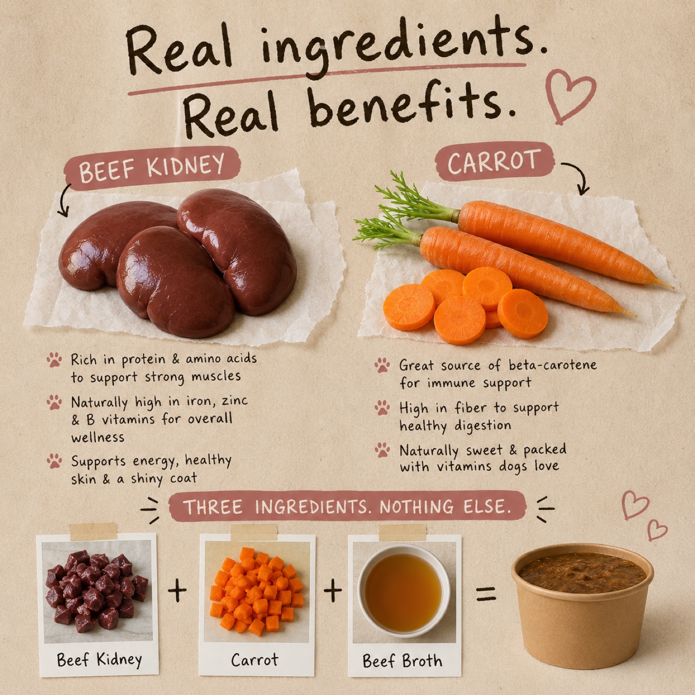 Real ingredients, real benefits: beef kidney and carrot with their nutritional benefits, plus beef broth — three ingredients, nothing else